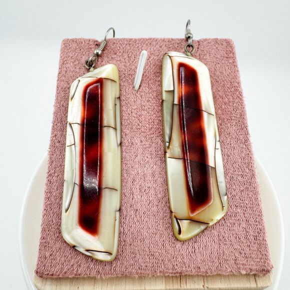 Long Red Cream White Striped Natural Stone Drop Earrings Bohemian Artisan Earthy - Picture 6 of 7